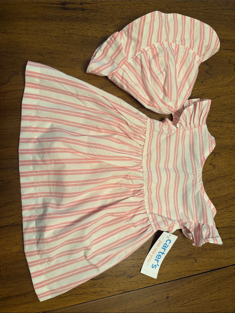 Carter's Pink and White Stripe Cotton Dress with Matching Hat 3M